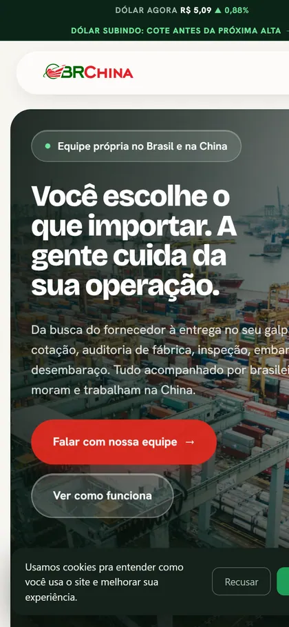 O site da BRChina na tela de um celular