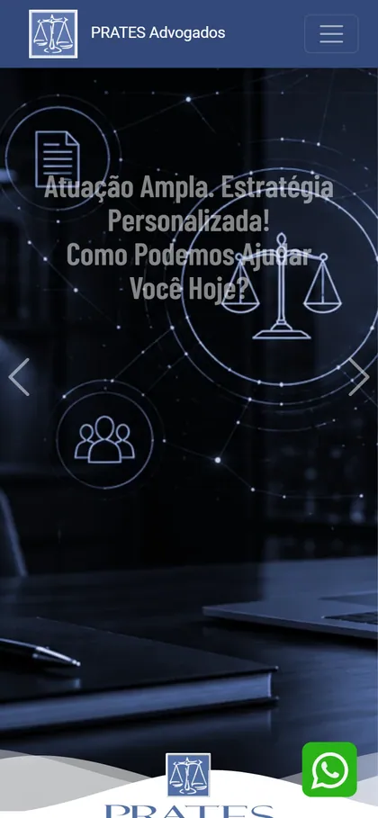 O site do Prates Advogados na tela de um celular