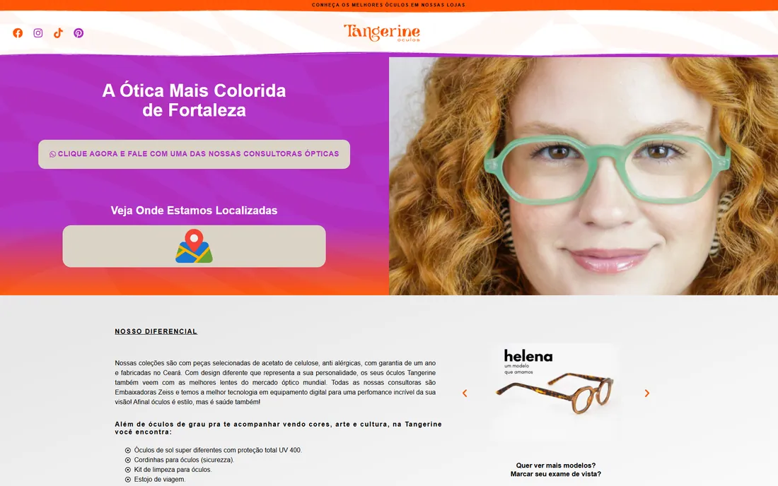 Site da Tangerine Óculos, ótica em Fortaleza, aberto em um notebook