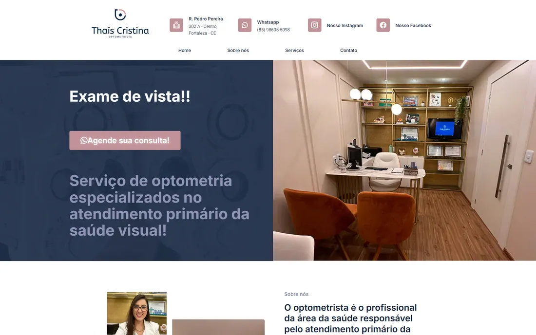 Site da optometrista Thaís Cristina aberto em um notebook